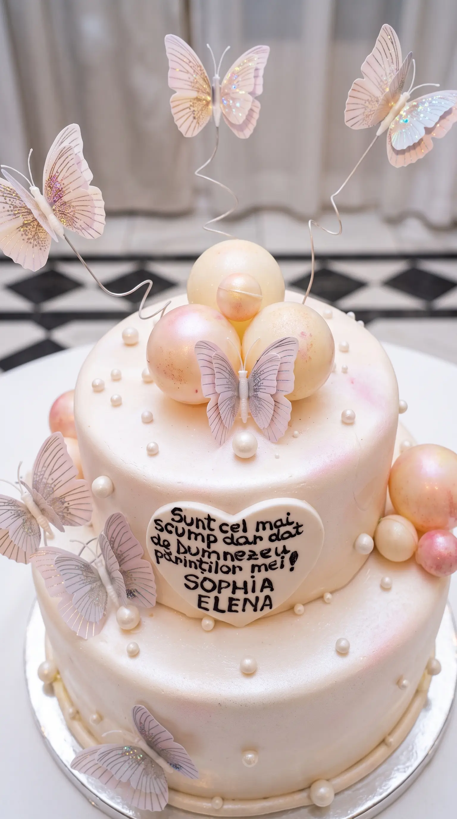 Two-tier christening celebration cake decorated with butterflies, pearl details and soft pastel accents